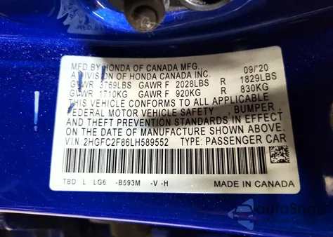 2020 Honda Civic Sport из США, поврежденный, VIN 2HGFC2F86LH589552